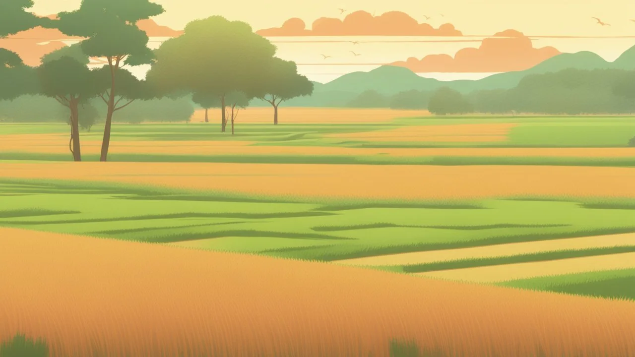 Rice field，Trees，Warm color palette，Animation，A lovely grasshopper