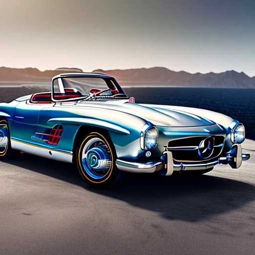 fullbody Drawing of ' 1955 Mercedes-Benz 300 SL Gullwing Speedster ',intricate detail,andrea bonelli,Kilian Eng,Ohrai,evan lee,Aleksandr Sidelnikov,KyuYong Eom,three quarters frontal aerial view,toned colors,16k