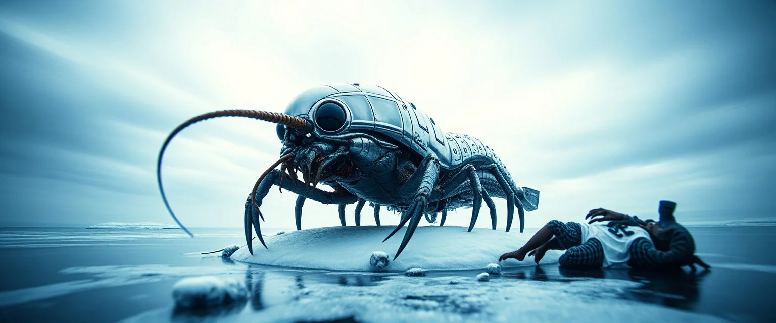 airbrush 3d rendering, frontal close up of alien gremlin underneath chrome centipede lobster huge space ship on small frozen island in lake, pinhole cam, background motion blur
