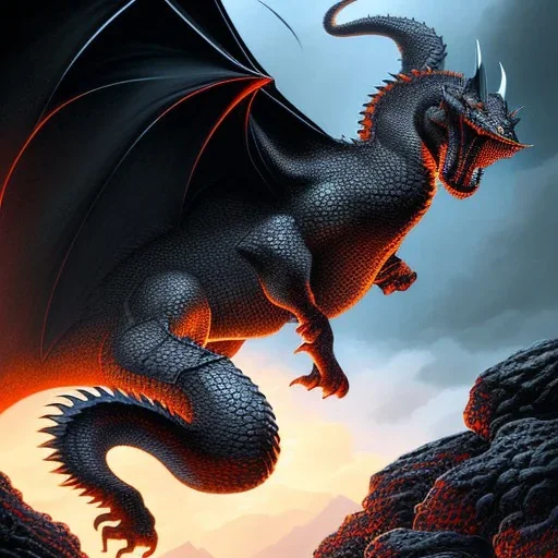 mdjrny-v4 style, highly detailed illustration of a black obsidian dragon, spread wings, black obsidian dragon feet on lava rock, dark sky background, realistic, intricate details, d&d, by artist "Steve Argyle", full body