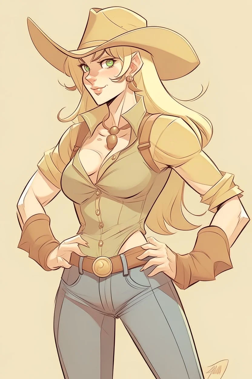 An anime style drawing of a buff cowgirl. she is blonde has sideburns. she is wearing chaps and a cowboy hat. she is buff and has big muscles! she is as buff as a man. she is wide