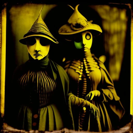 Daguerrotype close up some mysterious figures, odd background, cinematic, Hieronymus Bosch, Max Ernst vegetal life, rotten, ambient light, ghosts, Amano, Botticelli, Alphonse Mucha