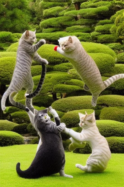 martial artist cats fighting in a Japanese garden