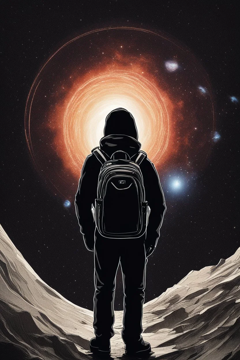 A figure wearing a black backpack deep in a supernova overlooking planet Earth