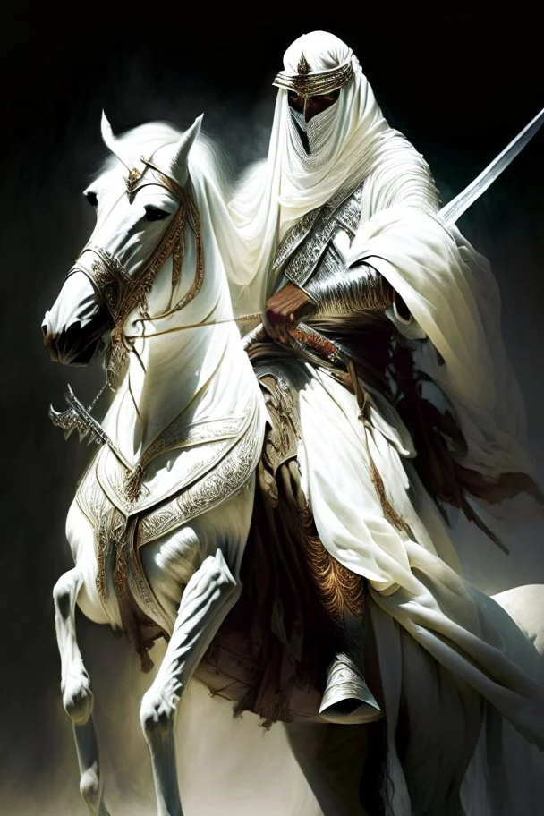 An Arab warrior holding two swords, sitting on horseback, wearing a white robe, strong, mysterious, frightening, fantasy, high quality