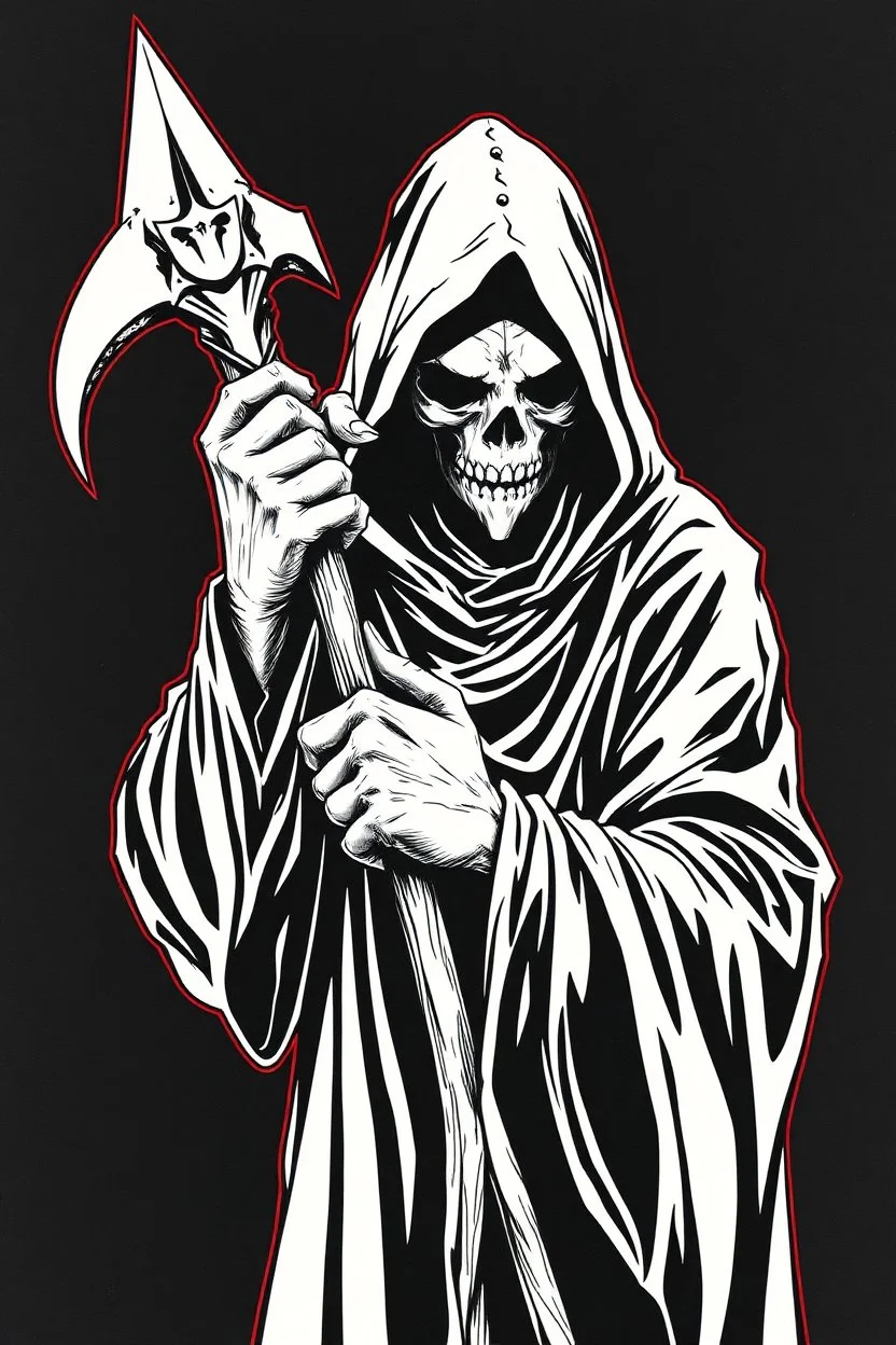 hooded Grim-Reaper gripping a staff with both hands, vignette, black and white graphic novel style with a red outline on black background, extreme distortion and melding of shapes, gothic horror