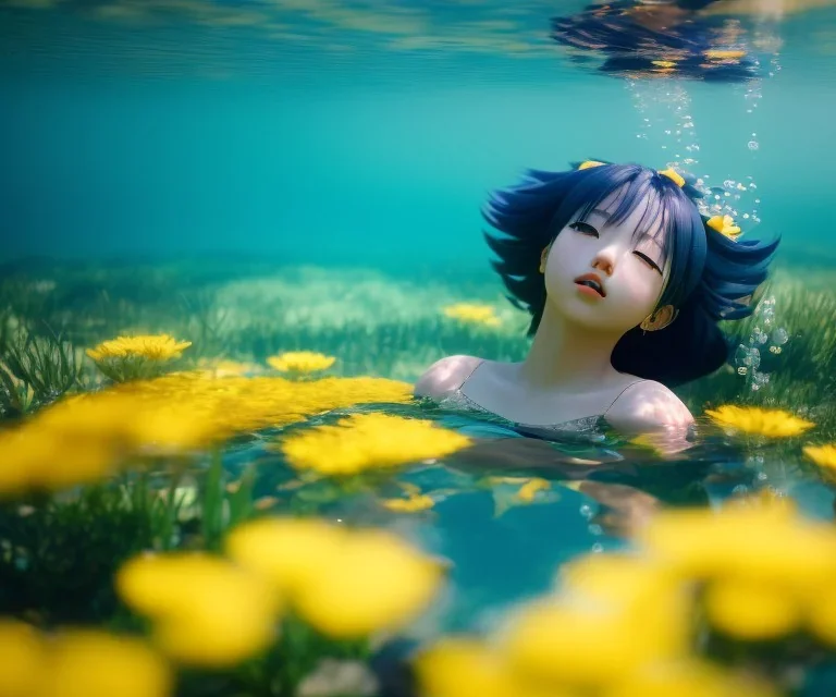 Anime girl underwater with yellow flowers for hair, closed eyes, rtx, reflection, 8k, glow, winning photography, caustics