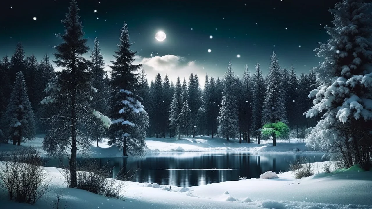 A mystical winter night scene; dark pine trees surround a snow-covered lake, reflecting the moonlight. Snowflakes twirl through the air, enchanting the serene winter forest.