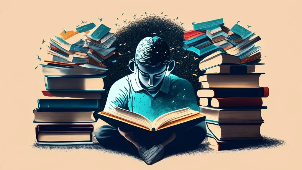 Description of the image: An image representing a person engaged in focused reading and learning, with books and articles spread out in front of them, symbolizing dedication to continuous learning and self-improvement.