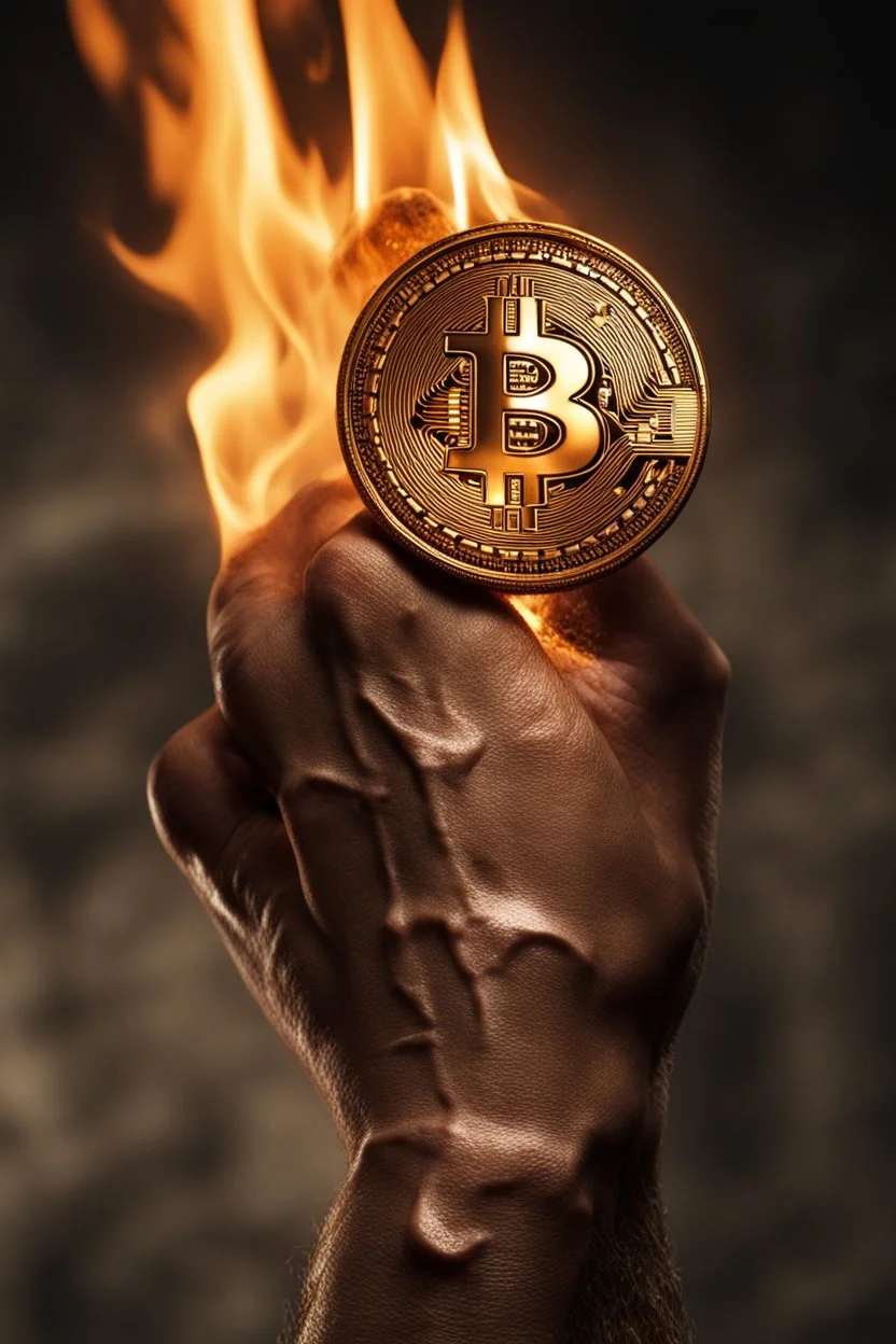 A Bitcoin logo is burned into the skin of a man by a branding iron. It's dramatic and happended in the moment, close view. The mark is on the mans inner forearm and It is still hot and steam can be seen from the burn mark. Super realistic, dramatic, 8k