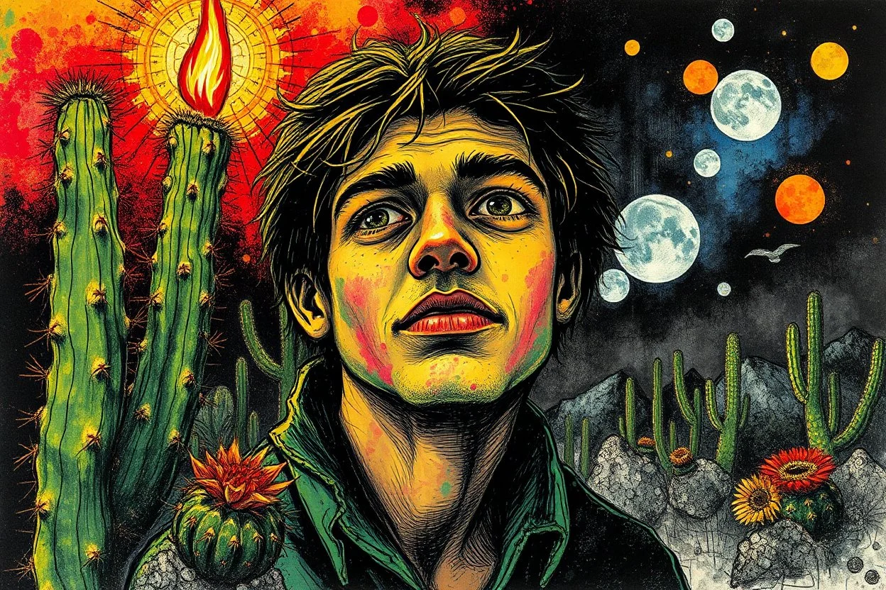 exquisite handcolored steel engraving captures. "Jamie, a footloose and self-absorbed young American, is traveling in Chile and is keen to experience the mysteries of a local hallucinogen — the mescaline-bearing San Pedro cactus." explosive contrast of brilliant colors. magical strokes, insanely detailed textures, complicated background, disturbing, scribbling. magical whimsical world. after Paul Gauguin. after Jacek Yerka. after Catrin Welz-Stein. black and gold, background in graphic and water