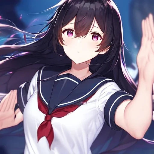 Clear focus, High resolution, Rough line, hair between eyes, 1girl, 2girl, 2girl is trying to get in 1girl way and 1girl is pushing 2girl away, 1girl has black long hair with purple eyes, 2girl has black long hair and red eyes, both wearing a sailor uniform