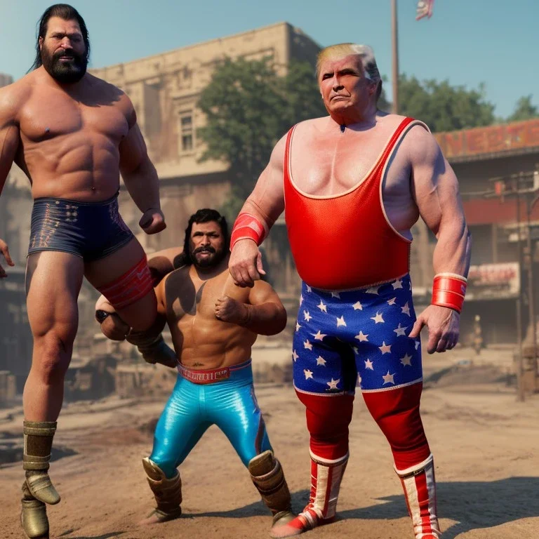 Realistic image of Donald trump wrestler, pose, Mexican wrestling style, red and blue breeches, glow us flag dress, suspenders, retro style, 80s, vibrant color, highly detailed, clean background, concept art, unreal engine 5, god rays, ray tracing, RTX, lumen lighting, ultra detail, volumetric lighting, 3d, finely drawn, high definition, high resolution.