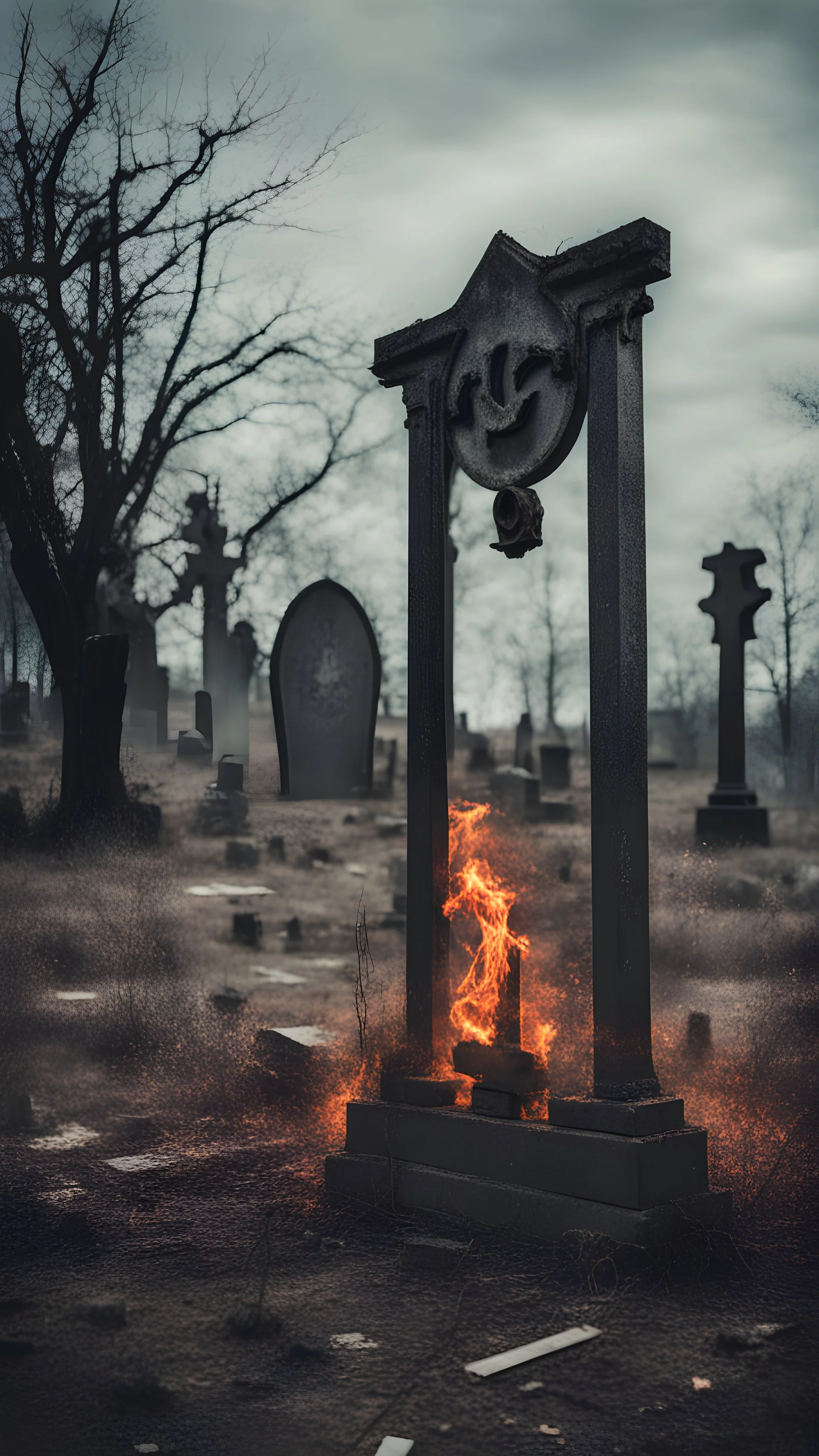 Fire sign on an old abandoned cemetery in horror movie style