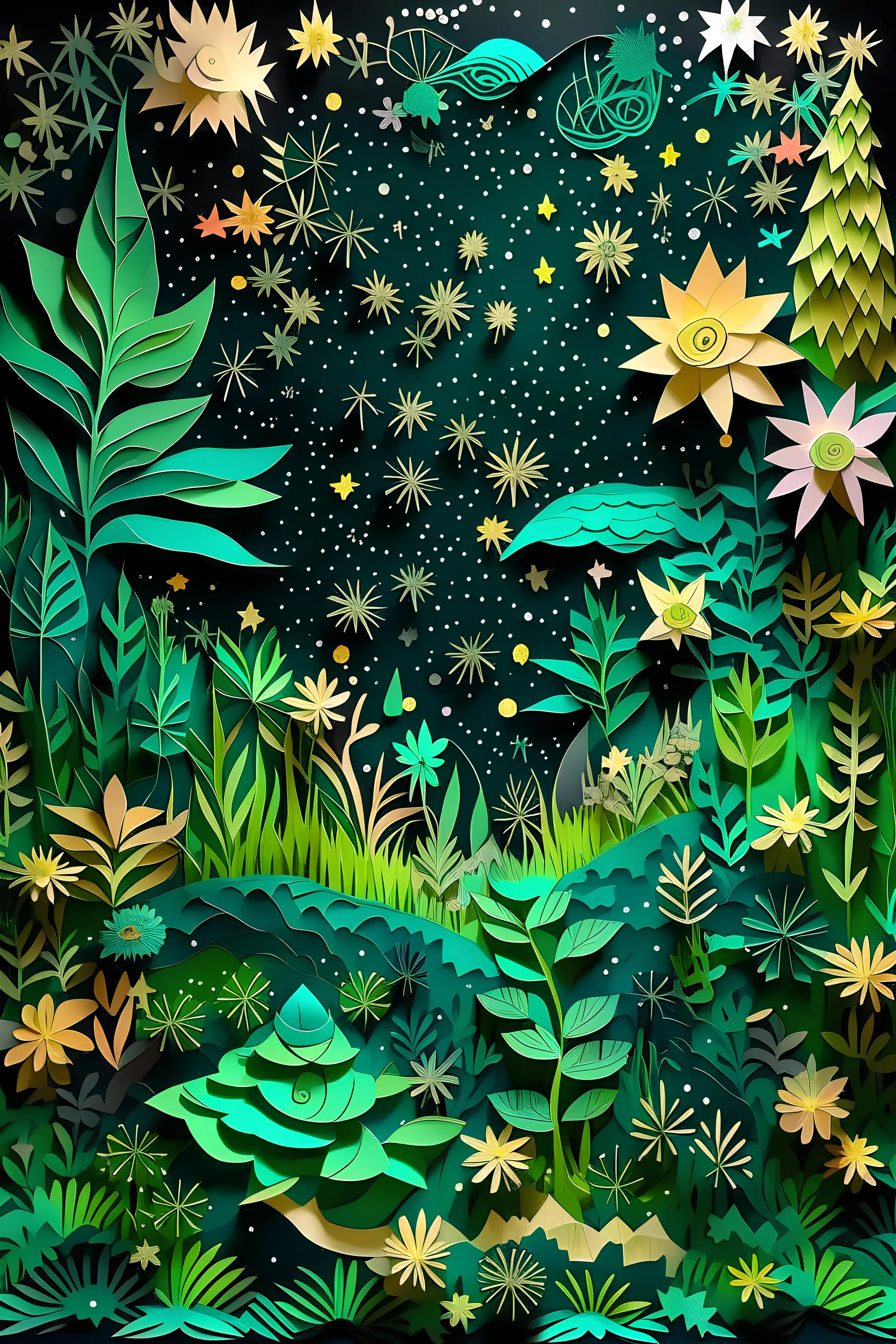 BIG GrEEN PLant taking up most of the space in the picture, with Large Leaves in the center of the picture, under the night sky, with wildflowers and plants around, clouds multi-dimensional paper cut craft, paper illustration, cut out stars and glitter.