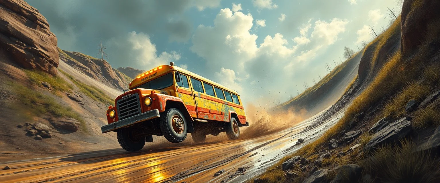 mega blasting fast, so freaking fast, faster than a greased muscle shiny cowboy disco funk fusion fluffy man gremlin monkey pig on a runaway mud veteran buss truck jumping over the cliff . speed and energy, painted by Rembrandt and fallout 4, straight down a muddy slide