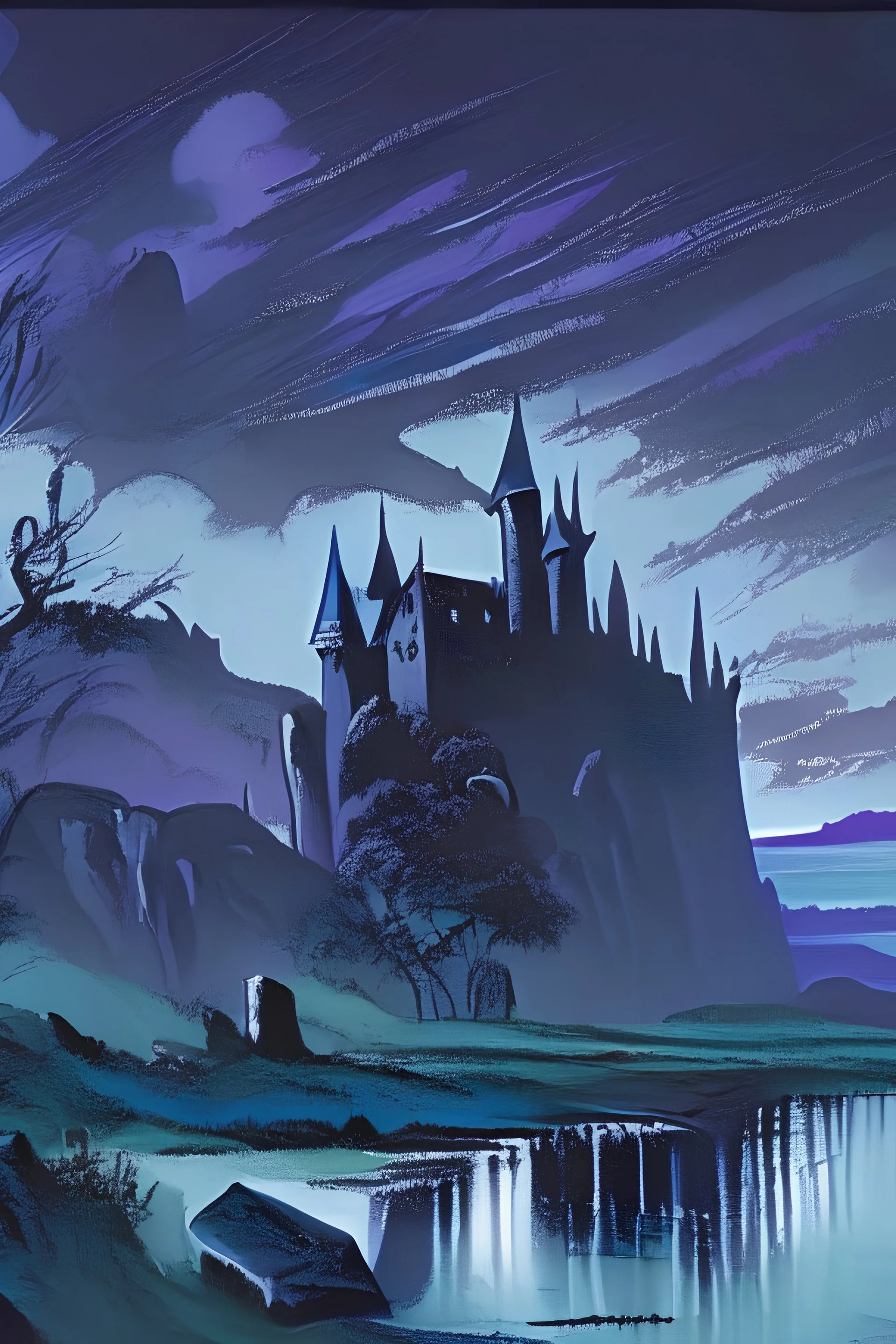 gothic landscape, simple, thick brush strokes, painting, Matisse, retrofuturism , water color style brush lines, dark rock in distance, a castle appearing even further in the depth of the land, dark tones, contemporary art, hyperrealistic, soft, expressionism, overlooking the land, liminal lighting, 80s dark color palette muted , horror cut, horror illustration magazine graphic design, gothic landscape, romantic,