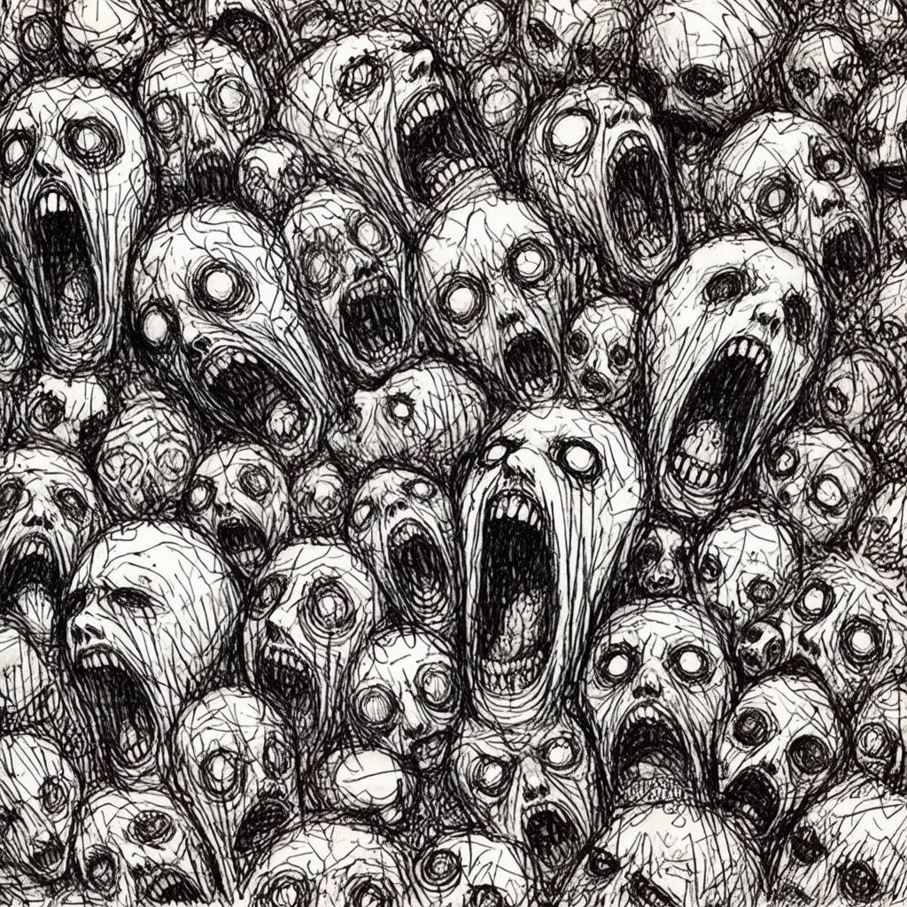sketch line, rought, of faces on a pages, screaming and sad, demented, mad, journal