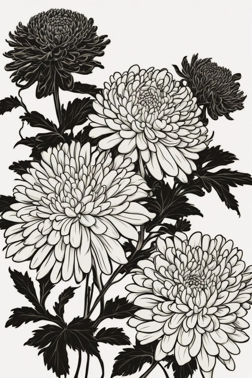 outline art of Chrysanthemums only black and white, no colour , White background. sketch style, clean line art, white background, no shadow and clear, no people, no colour, for book