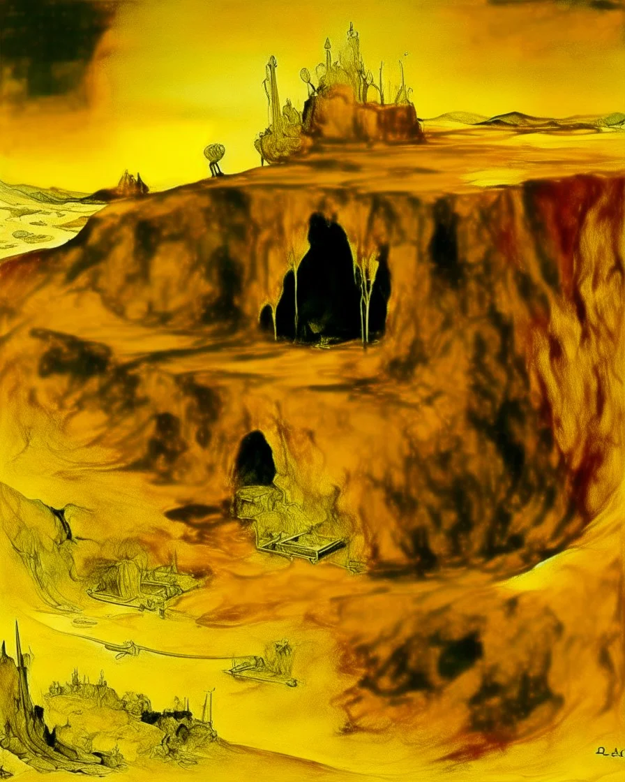 A yellow underground mine with gold painted by Salvador Dali