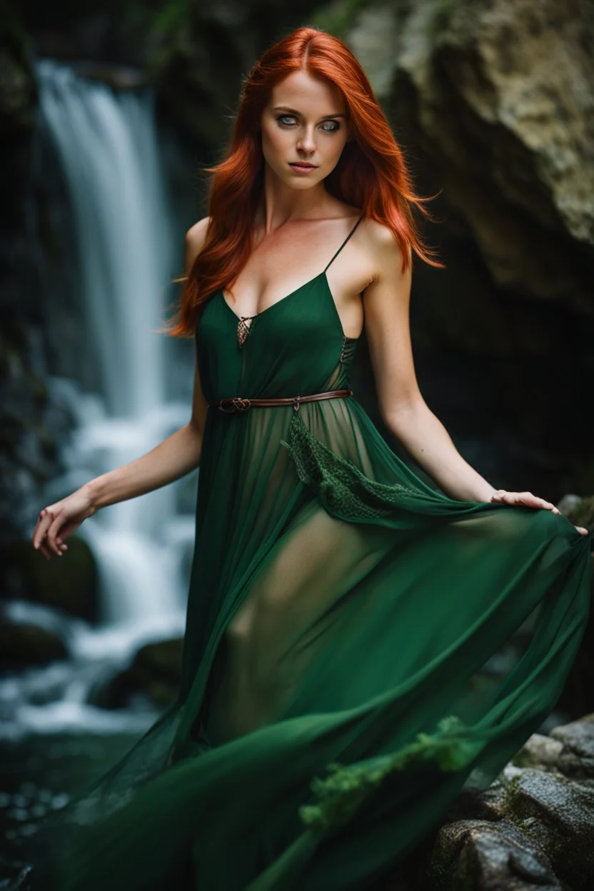 Close UP, delicate, cute, soft, skinny belly red haired Young lady, with freckles, Green eyes , cave waterfall, medieval