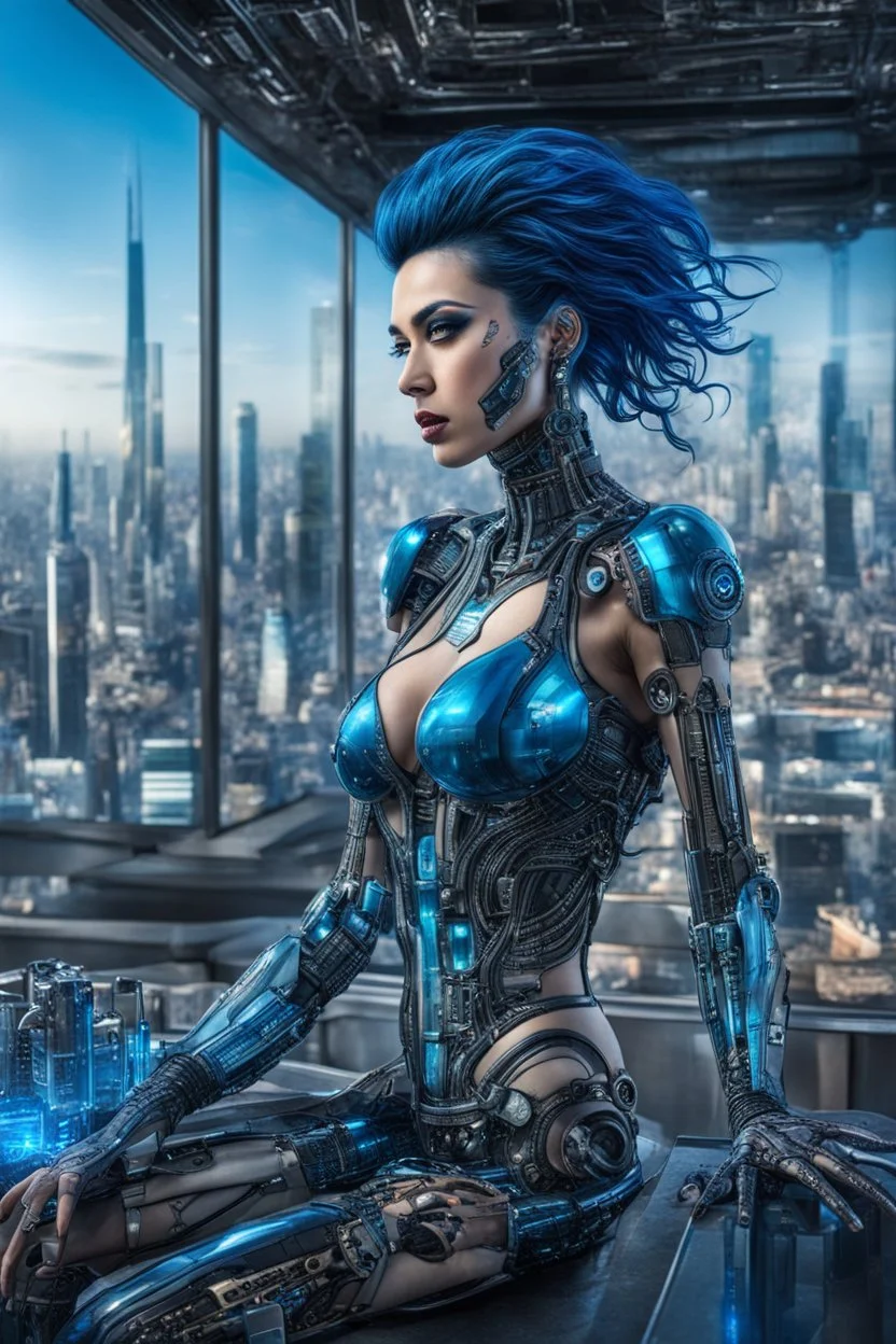 A beautyful tranparent glass body biomechanical woman with black-blue hair, sitting in the cyberpunk rooftop bar in futuristic city, intricate details, HDR, beautifully shot, hyperrealistic, sharp focus, 64 megapixels, perfect composition, high contrast, cinematic