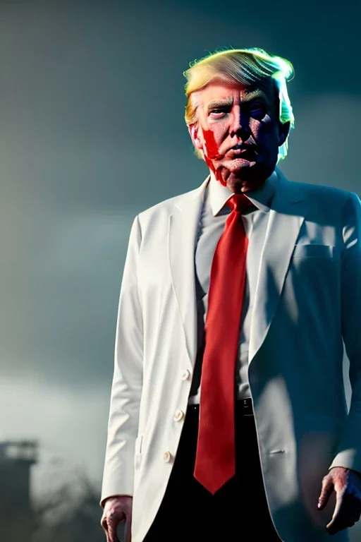 Ultra realistic image night, Donald trump zombie, suit, blood, torn arm, night, the walking dead style, dark ambient, highly detailed, White House background, concept art, unreal engine 5, ray tracing, RTX, ultra detail, volumetric lighting, high definition, high resolution.