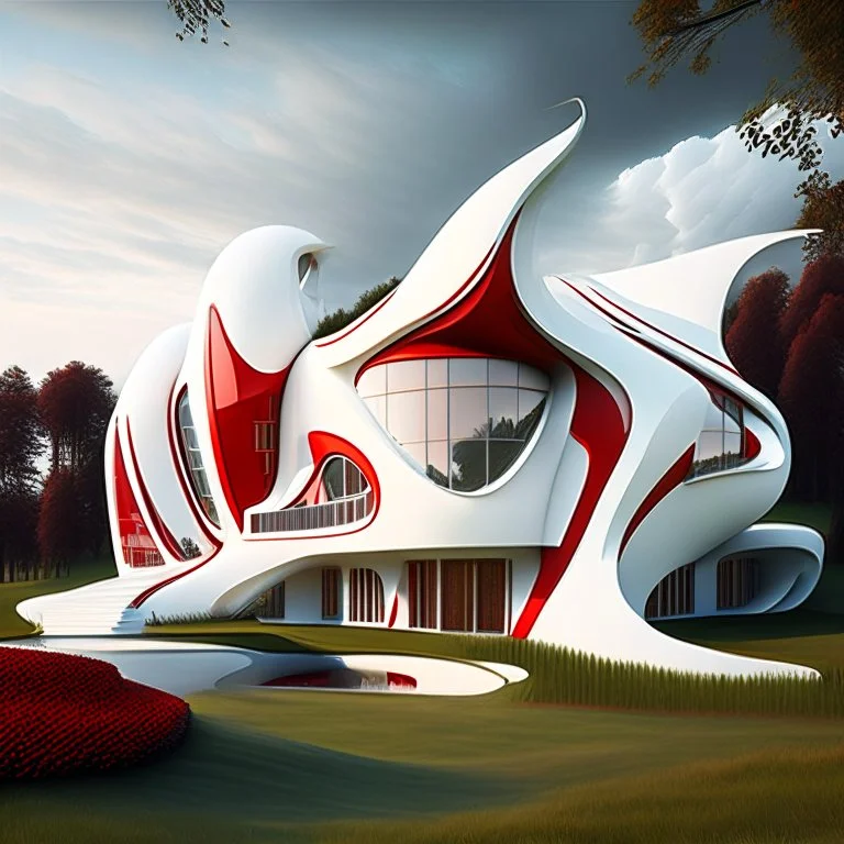 Casas campestres estilo Zaha Hadid obra de arte detallada color blanco crema y rojo imperial arte digital impactante hiperrealista 8k