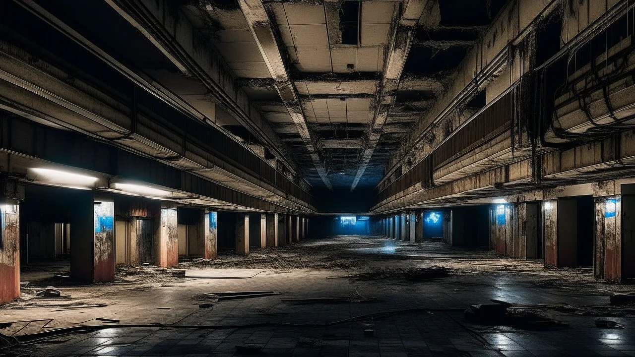 An abandoned underground mall, with dark aisles and dust-covered shops, where neon lights flicker faintly