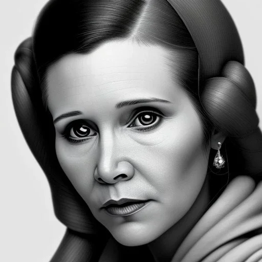 analog style, Beautiful photorealistic black and white close up face of carrie fisher, soft light, soft ethereal skin, rim lighting, sharp eyes, dark plain background