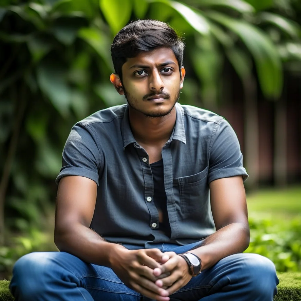 an 24 year old indian man, oval face, light skin, wearing shirt and jeans, sitting in a garden, peaceful, front face portrait, short hair, muscular and fit, handsome