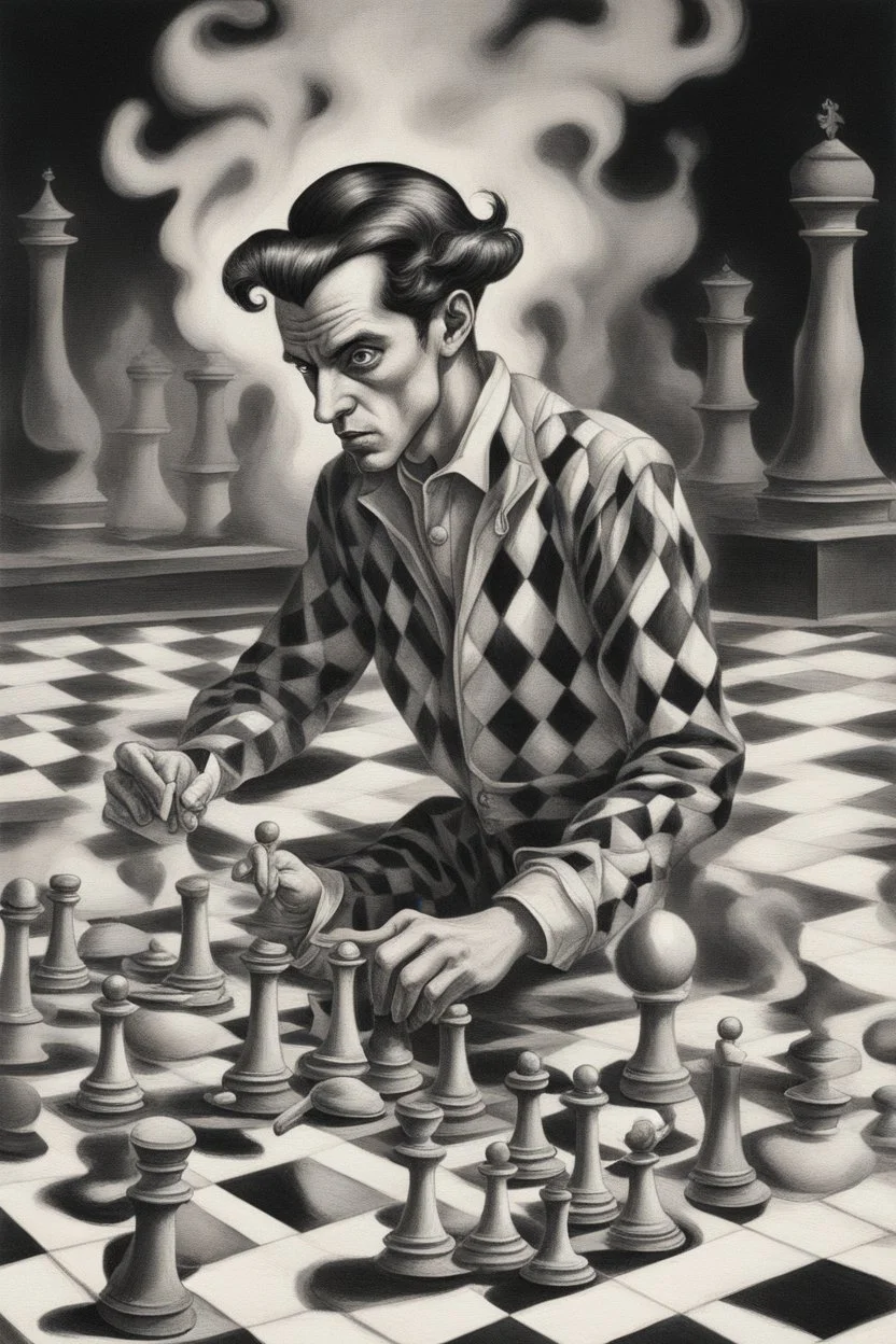 harlequin playing burning chess on racing field with a confused look on his face, in the style of Escher