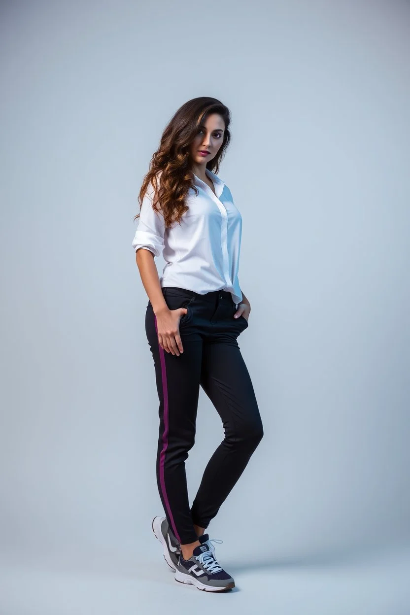 beautiful lady in pants and pretty shirt curvy long hair sport shoes