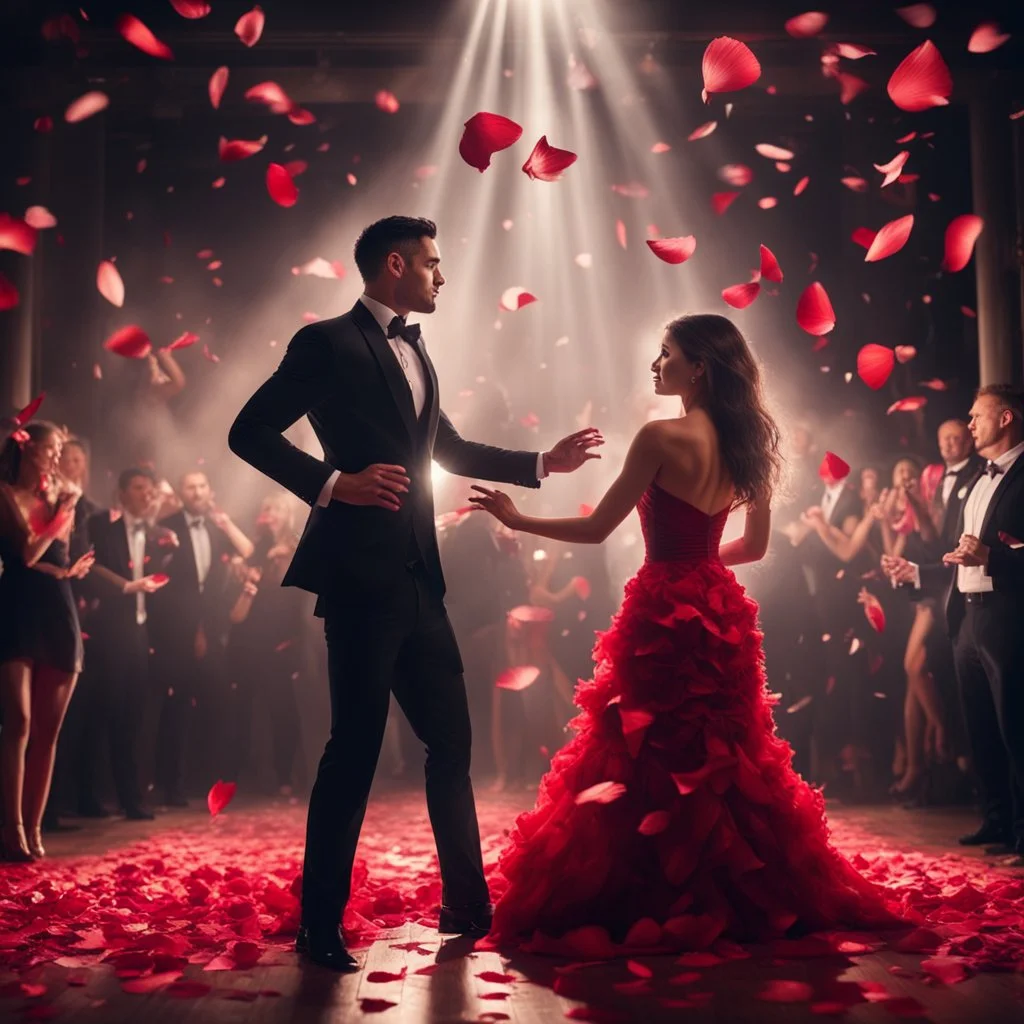 Hyper Realistic handsome muscular guy in black tuxedo & a beautiful girl in classy red gown dance in a wedding party with dramatic lightings & spotlight with rose-petals at dark night.