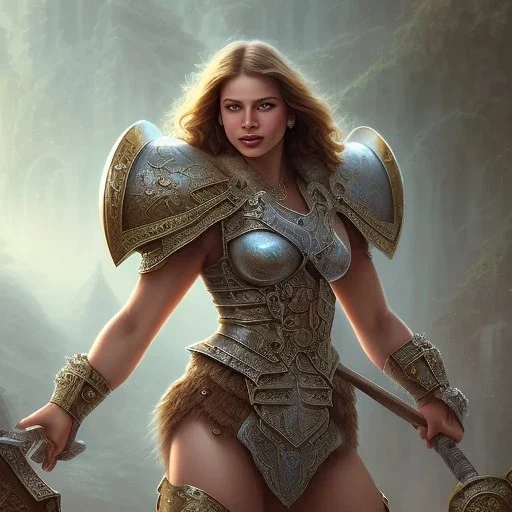 cinematic, majestic female barbarian, bodybuilder woman, bokeh, castle fortress, by thomas kinkade mark keathley terry redlin