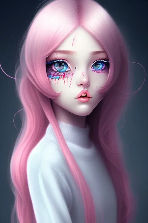 girl, cute, beautiful, big nose, pink hair, long hair, blue eyes, black sweater, bloody, long eyelashes, crazy face, lazy eye, yandere