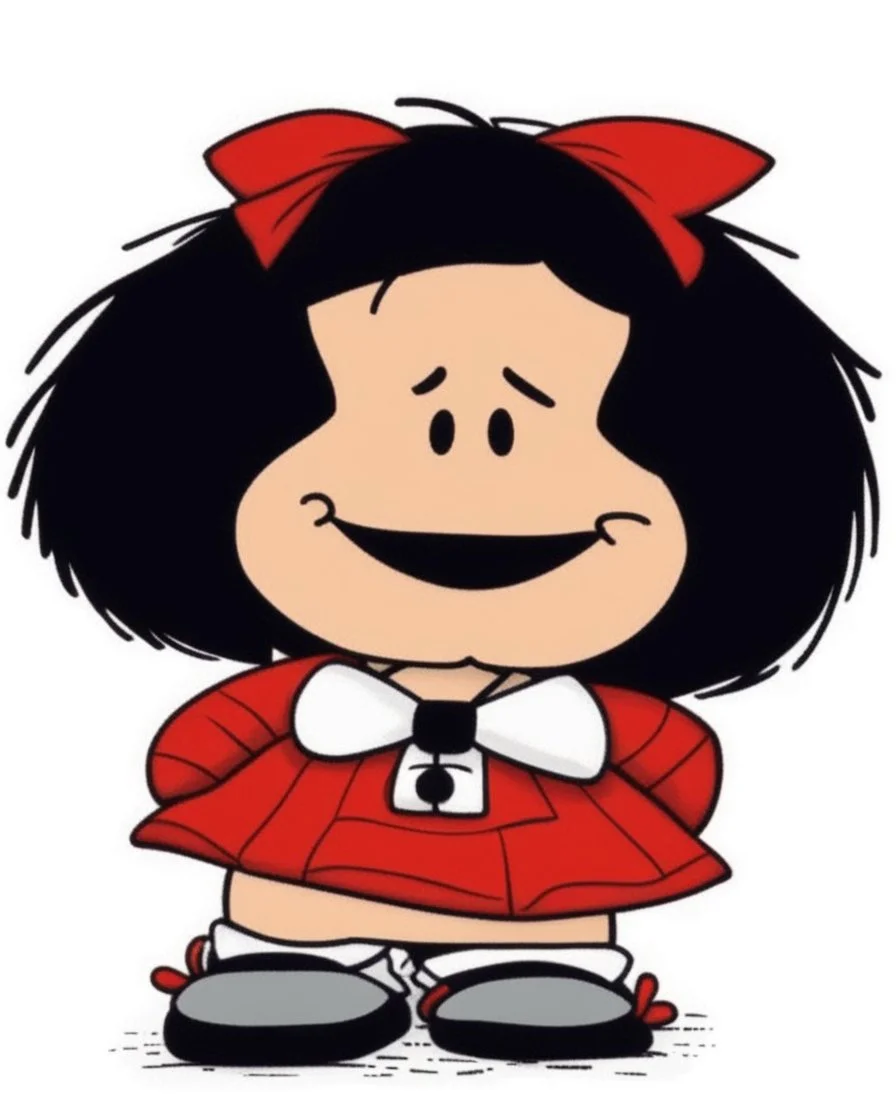 Hyperrealistic photograph of Mafalda in real life, with a bowtie or butterfly type bow on her head. Straight hair. (((Whole body)))