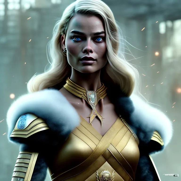 only margot robbie, fly hair, ciberpunk, sci-fi, highly realistic, highly detailed, viking clothes, mist around, smoke