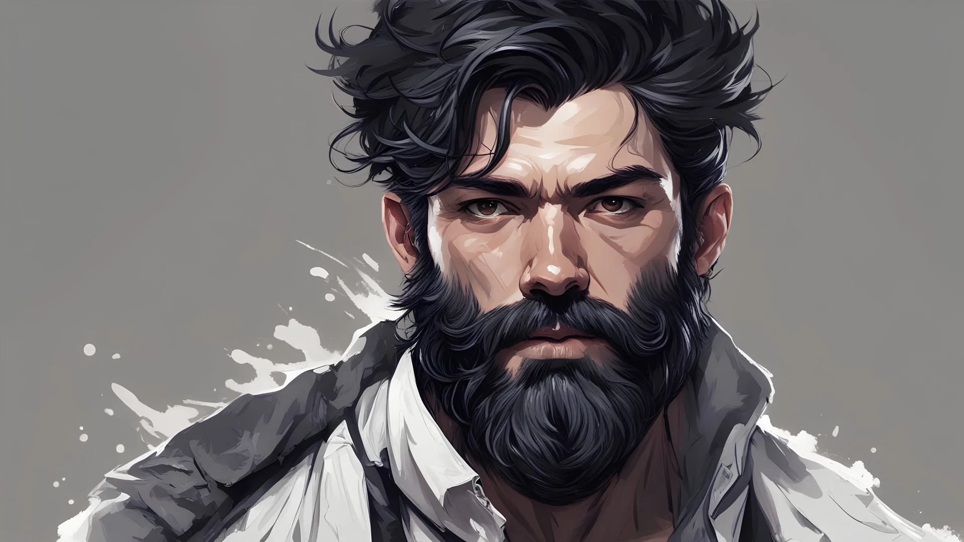 Men, 38 years, 176 cm tall, Short black hair with white highlights, messy hairstyle, black bearded beard, also with white highlights (masterpiece) draw, horror art style