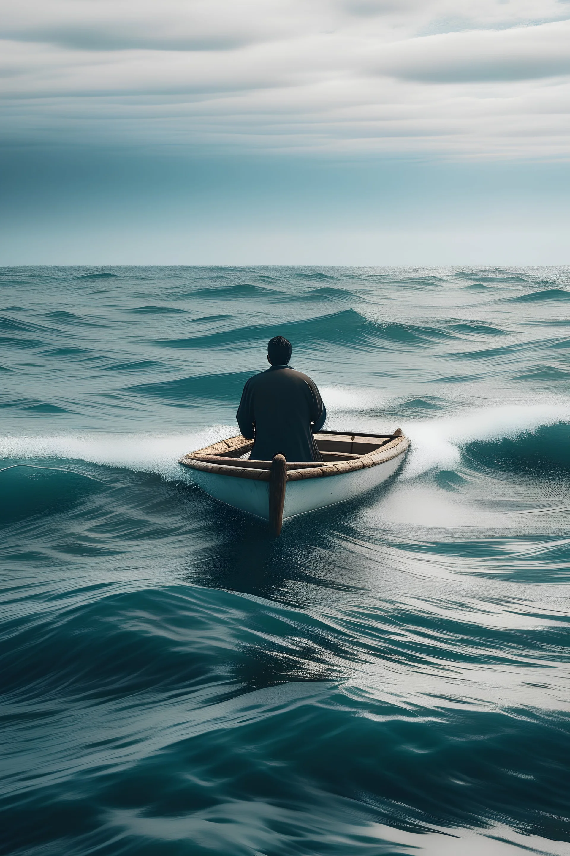 a man in row boat against the tied of the ocean