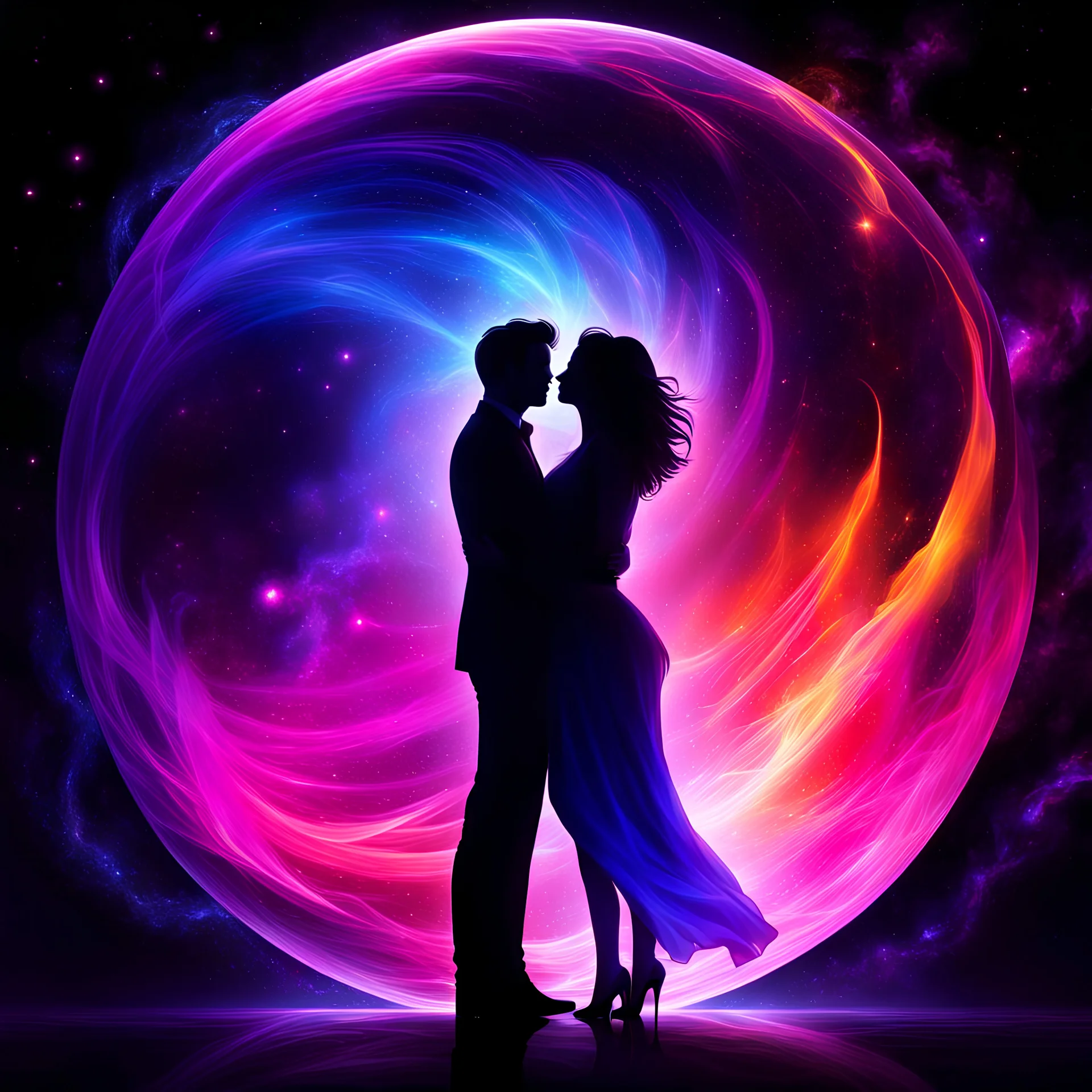 An orb composed of shimmering pink, purple, orange, and blue plasma containing the striking silhouettes of a handsome man and sexy woman in a loving embrace is surrounded by a terrifying oily black void