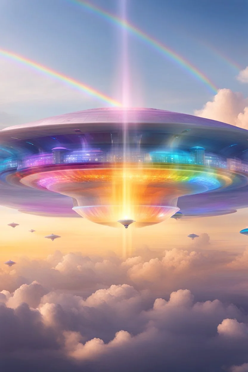 ufo rainbow, cité cristal très futuriste ultra moderne, ufos fleet, intergalactic,