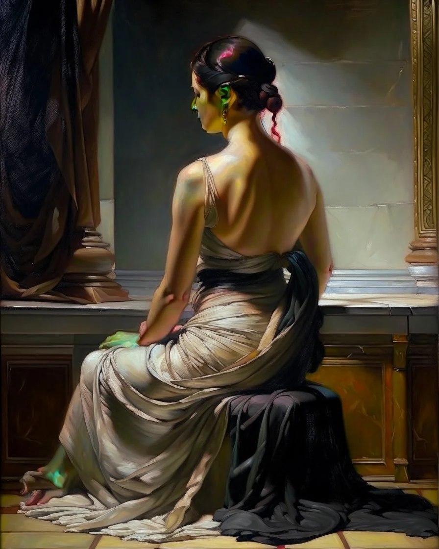 masterpiece classical academic oil painting, figurative study of a seated female figure viewed from behind, focus on anatomy, posture, and painterly texture, subject seated on a surface with a natural relaxed pose, torso slightly leaning forward the figure is partially draped in simple light fabric around the lower body and upper torso, arranged modestly, emphasizing form through light and shadow rather than exposure detailed back anatomy: visible shoulder blades, natural spine curvature, soft m