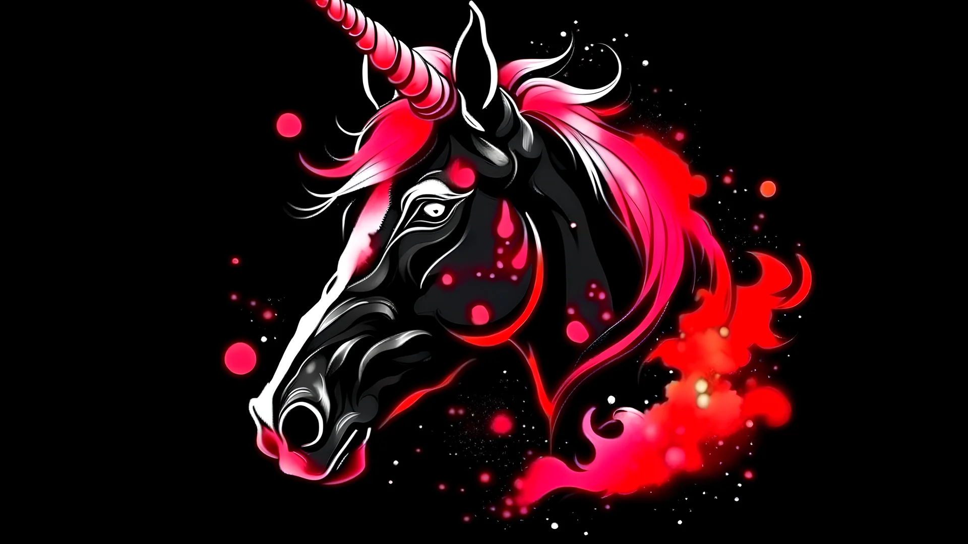 pink and black unicorn in fire head portraite stars background