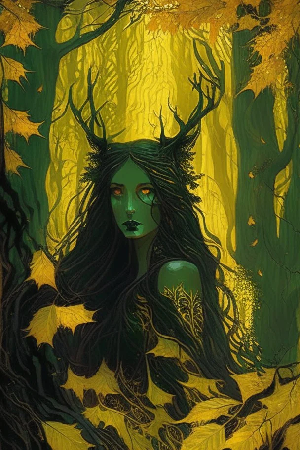 In the heart of a dense and enigmatic forest with towering ancient trees cloaked in emerald, yellow and amber foliage stands an ethereal beauty, her face is perfect, her lustrous hair cascading in ebony waves down to her slender waist in the background the crimson eyes of a large demonic animal are visible