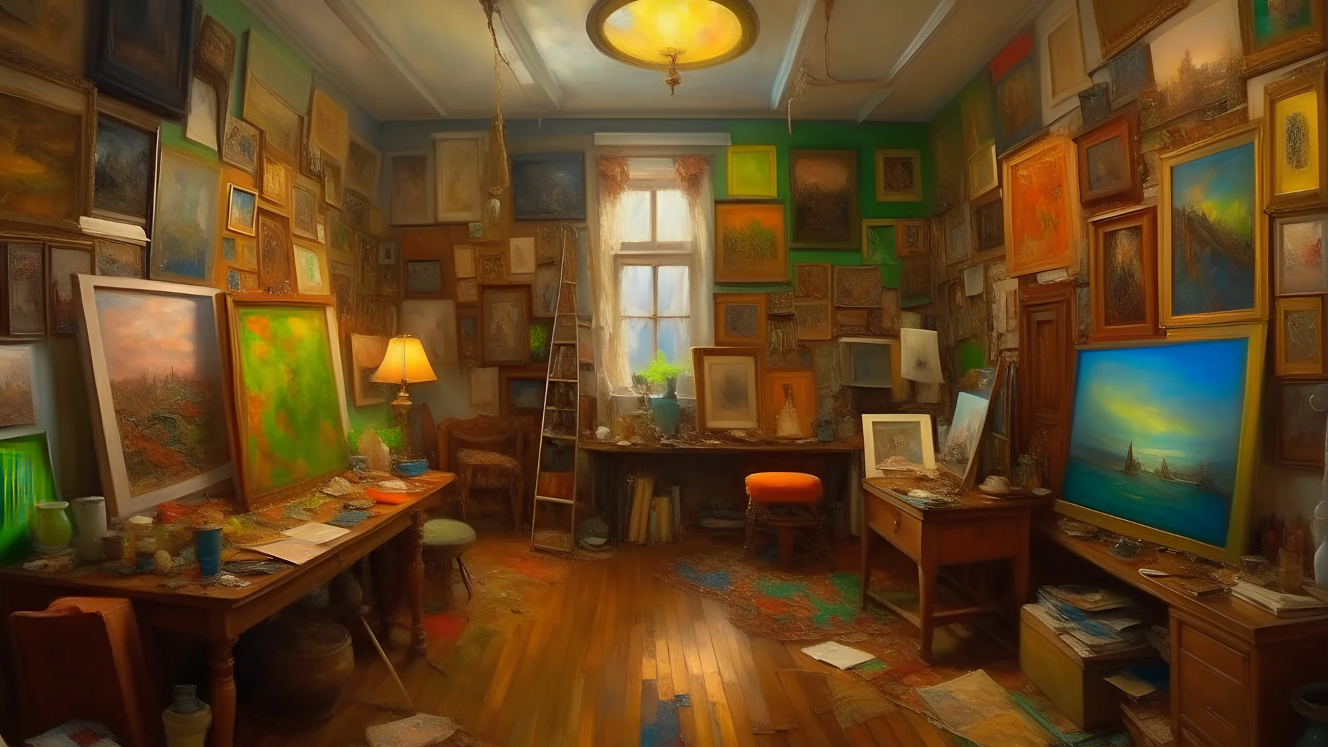 A captivating scene of a room filled with an eclectic mix of paintings adorning the walls. The room appears to belong to an unnamed but highly talented painter, as the paintings vary in style, medium, and subject matter. The walls are covered from floor to ceiling, giving the room a burst of color and energy. The artist's tools, such as brushes and palettes, are scattered across a wooden table in the center of the room, suggesting an ongoing creative process. The atmosphere is vibrant and chaoti