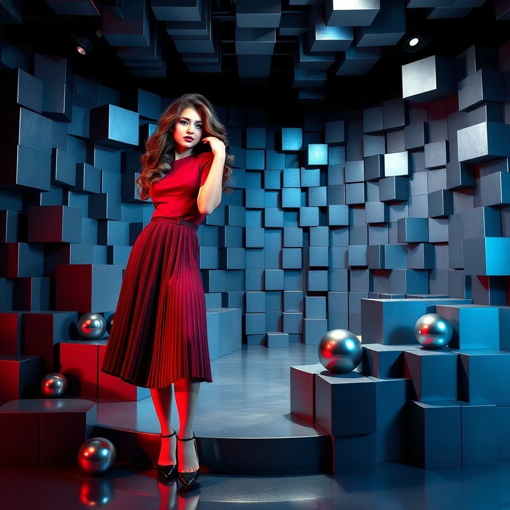 make a picture pretty stage made of metallic blue-gray teme 3d recursive cubic and sphere and cylinder base structures and a beautiful fashion model lady posing with cute in black and white and the scene is in color,with dark red top and pretty pleated midi skirt ,makeup curvy long hair,dynamic camera zoom to full body and pan, dynamic lights.
