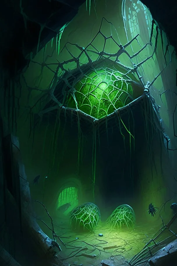 Abandoned spider lair filled with tiny spiders with green glowing eggs and tangled webs in ruined castle rpg art painterly