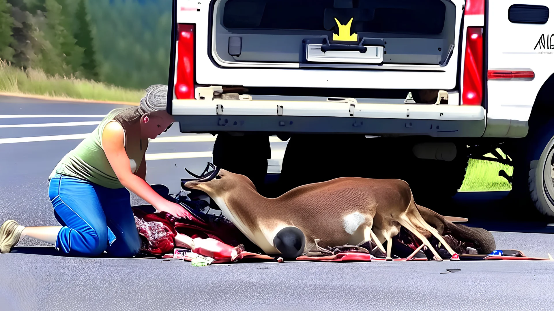 lady giving CPR to injured deer on highway I90 in front of a LARGE BUDGET MOVING Truck