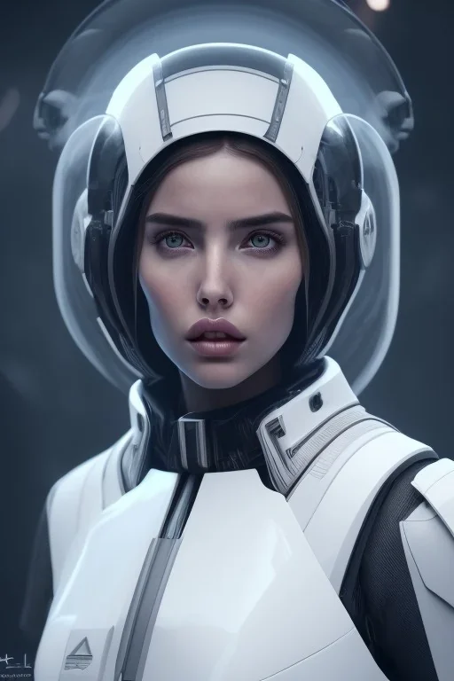 Ana de Armas, identical features, Black intergalactic pilot suit, portrait, bright white eyes, wearing high tech pilot breathing mask, beautiful face, white smoke, dark, rage, sorrow, high definition, ultra 8 k, volumetric lighting, blue fire, fog